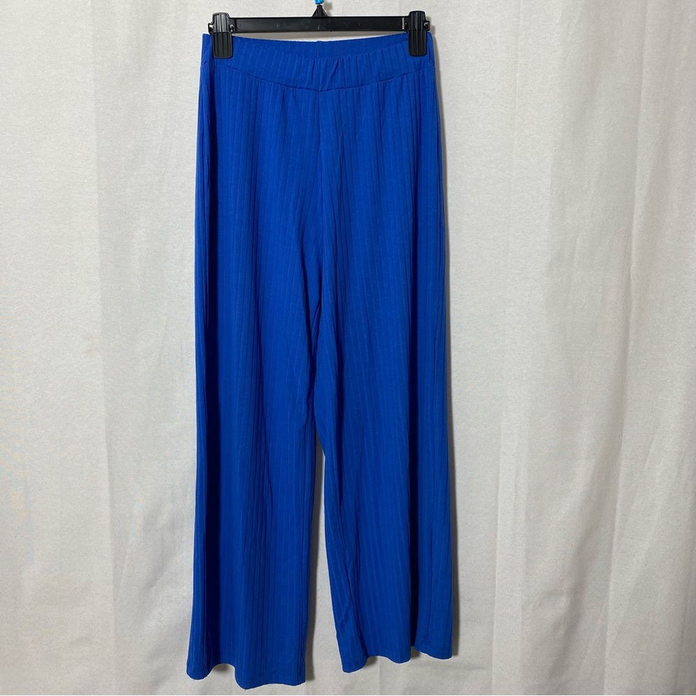 Maple Blue Wide Leg Pants S/M Ribbed Stretch Waist Comfy Lounge Boho Flowy